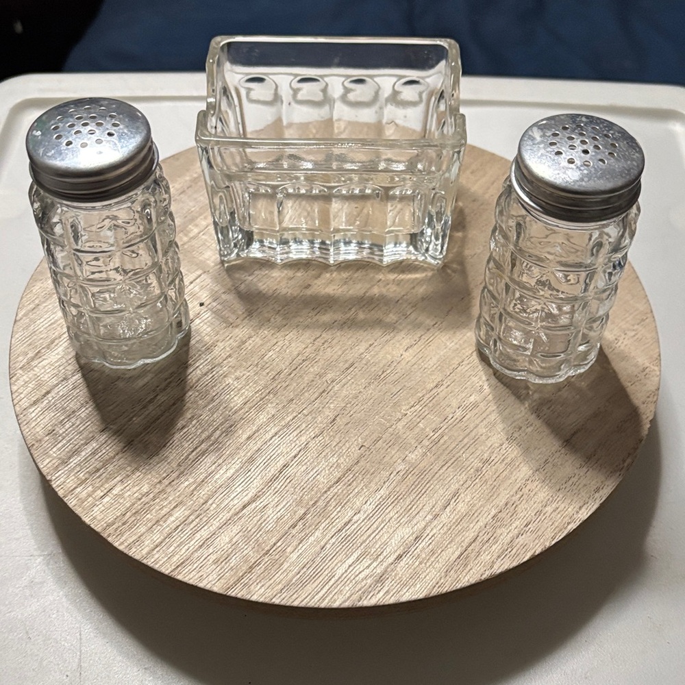 Glass Salt and Pepper Shakers and Packet Tray Set